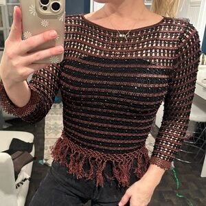 y2k retro knitted black and brown stripe long sleeve shirt 
Size small medium